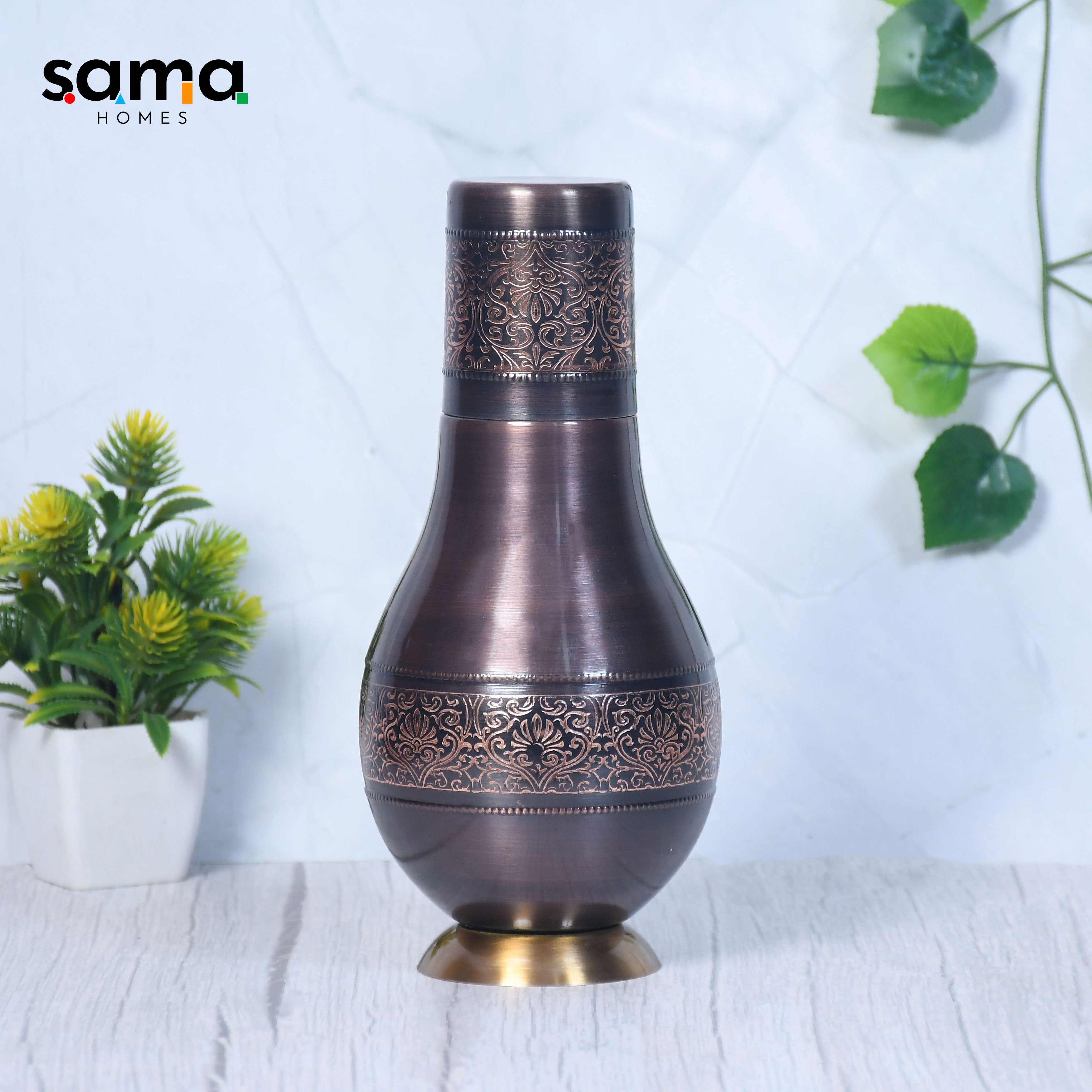 Pure Copper Antique Surahi with Inbuilt Glass 1000 ML Modern Design - Rosetta Creative Boutique